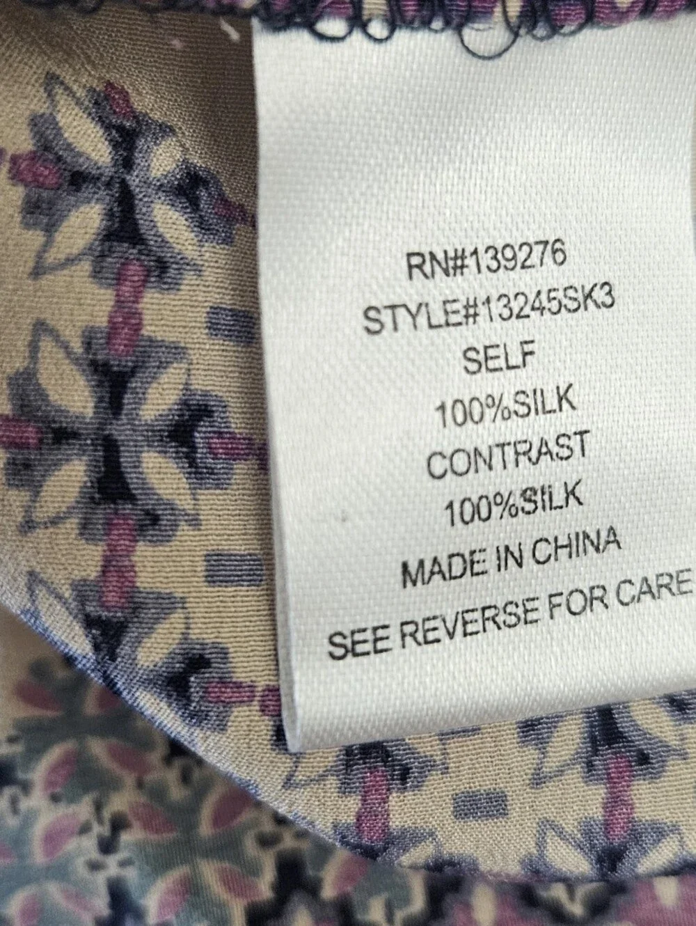 100 % Silk Daniel Rainn Navy, Cream and Purple V-Neck Patterned Tunic